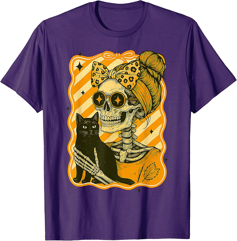 Halloween: Skeleton Hugging Cat Skull Fall Bow Womens T-Shirt