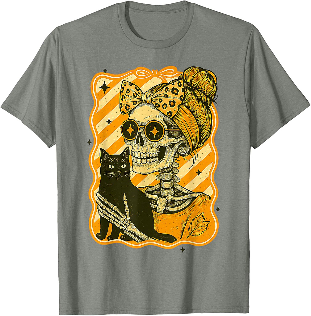 Halloween: Skeleton Hugging Cat Skull Fall Bow Womens T-Shirt
