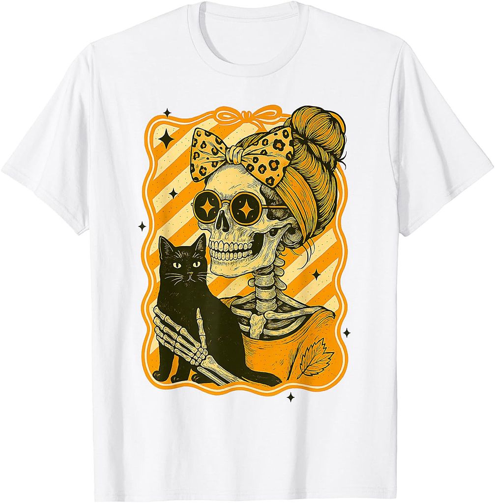 Halloween: Skeleton Hugging Cat Skull Fall Bow Womens T-Shirt