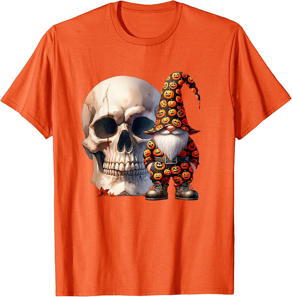 Halloween Skull Graphic With Halloween Gnome Orange Pumpkin T-Shirt
