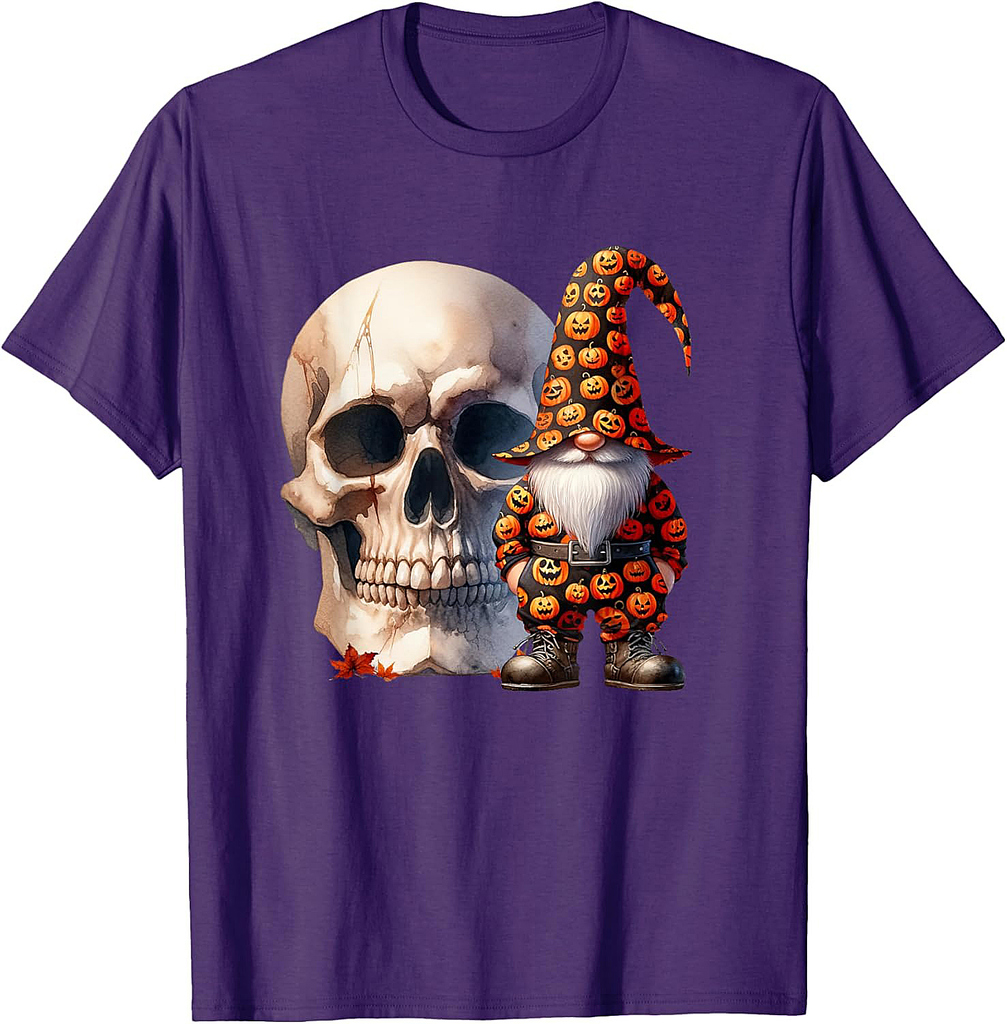 Halloween Skull Graphic With Halloween Gnome Orange Pumpkin T-Shirt