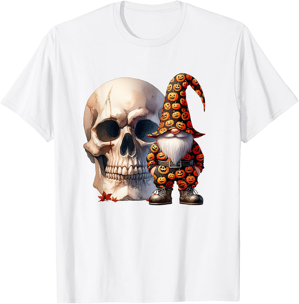 Halloween Skull Graphic With Halloween Gnome Orange Pumpkin T-Shirt