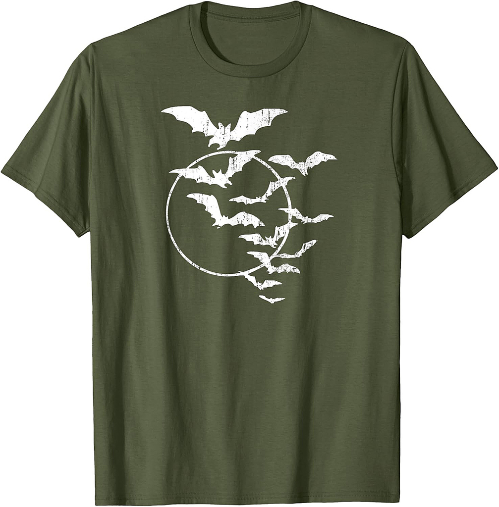 Halloween Swarm of Bats Full Moon Spooky Vintage Art Graphic T-Shirt