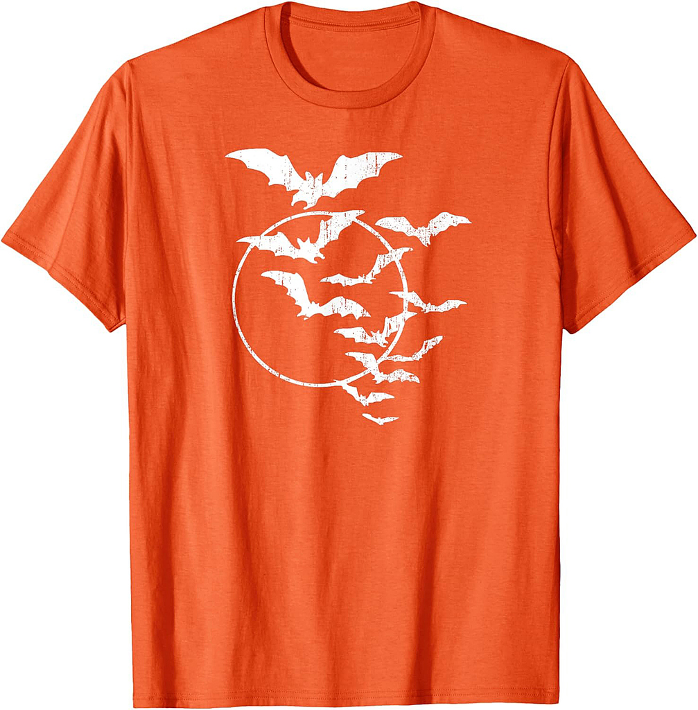 Halloween Swarm of Bats Full Moon Spooky Vintage Art Graphic T-Shirt