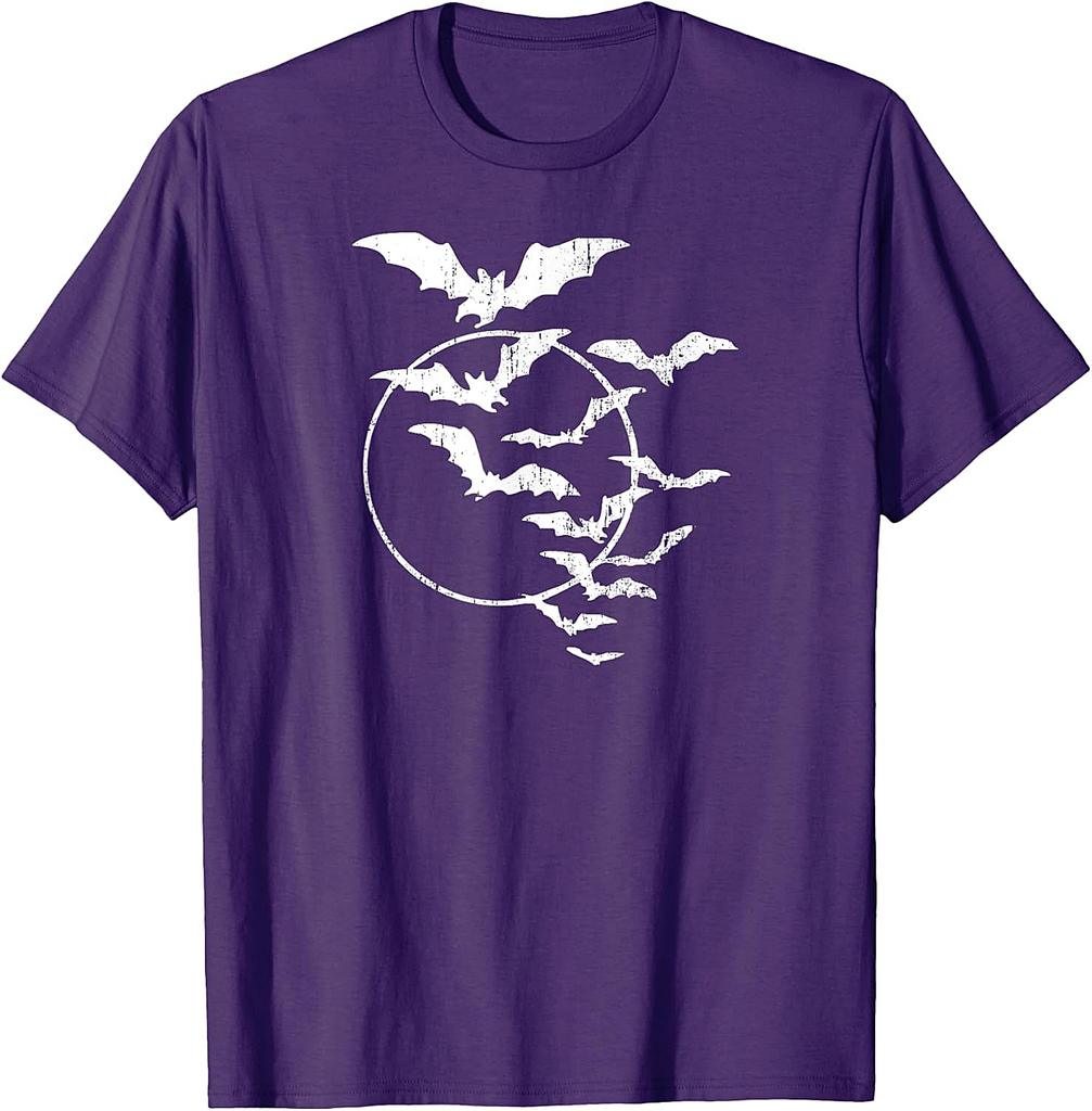 Halloween Swarm of Bats Full Moon Spooky Vintage Art Graphic T-Shirt