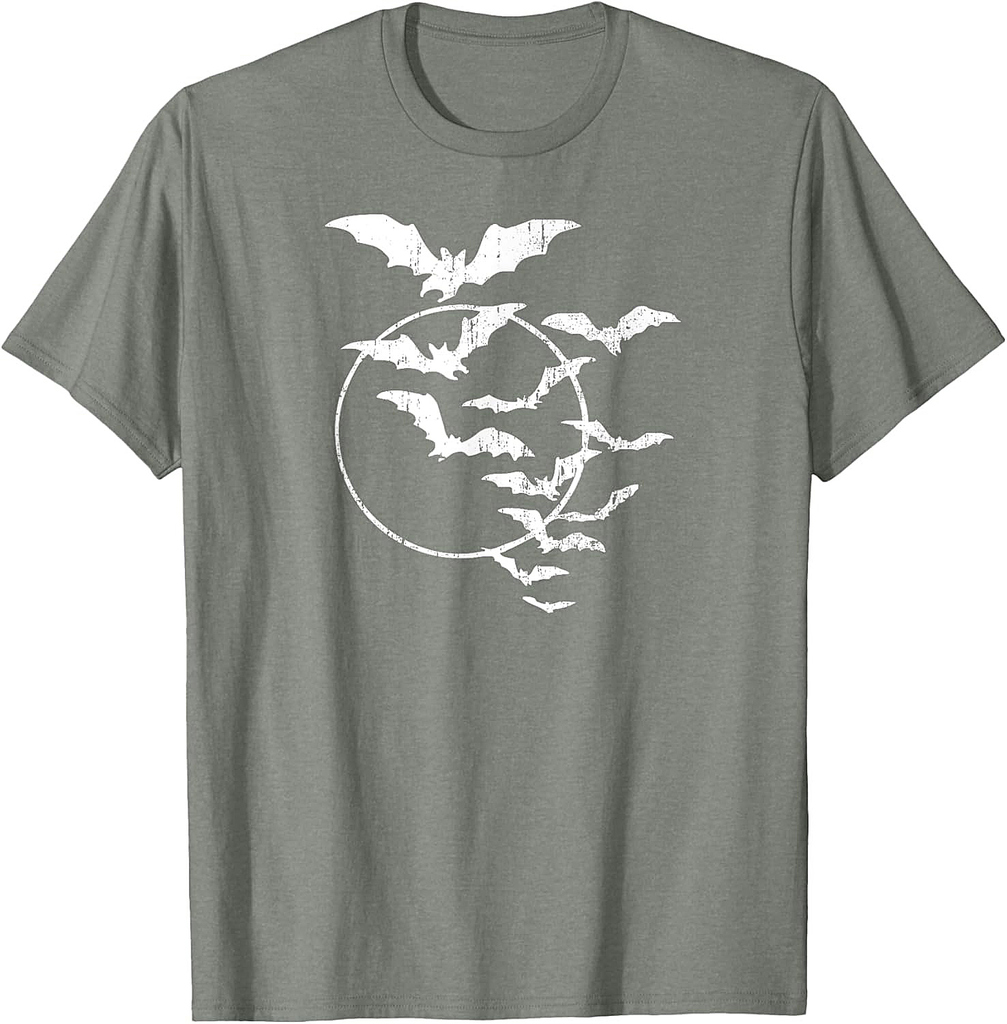 Halloween Swarm of Bats Full Moon Spooky Vintage Art Graphic T-Shirt