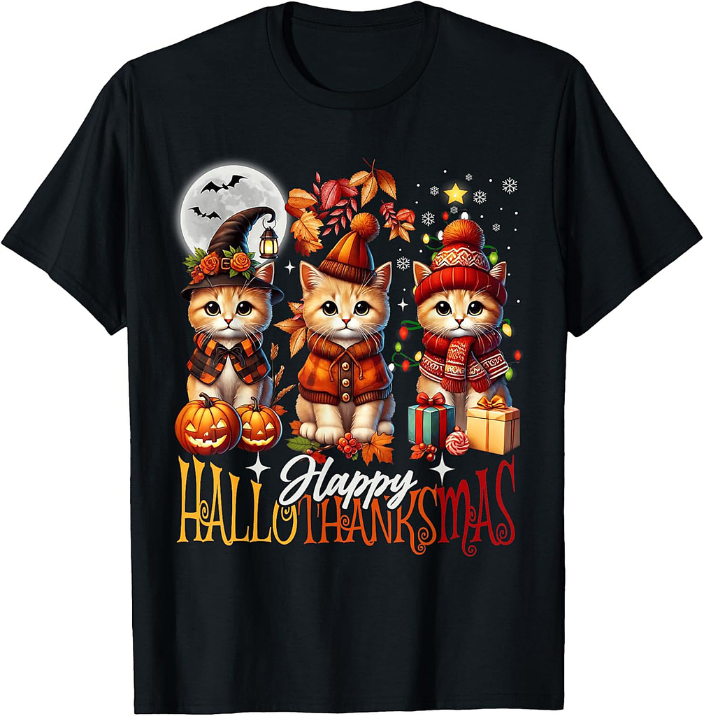 Halloween Thanksgiving Christmas Happy HalloThanksMas Cats T-Shirt