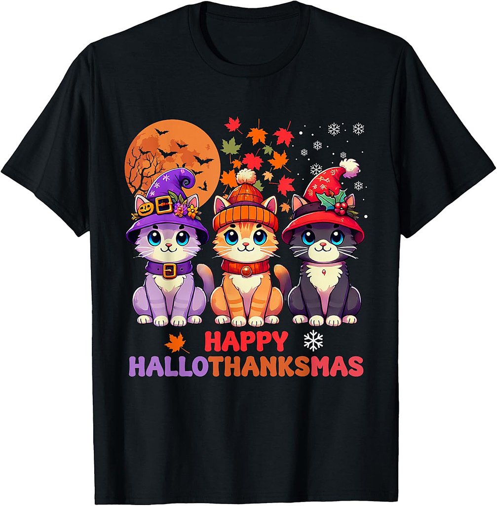 Halloween Thanksgiving Christmas Happy HalloThanksMas Cats T-Shirt