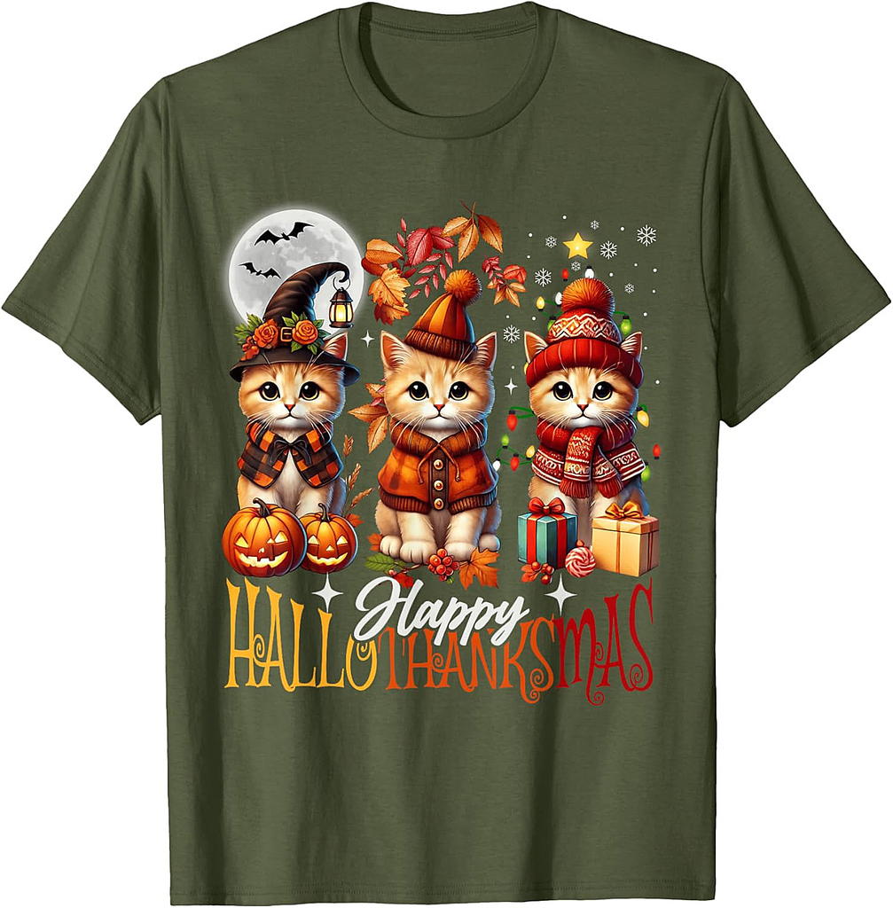 Halloween Thanksgiving Christmas Happy HalloThanksMas Cats T-Shirt