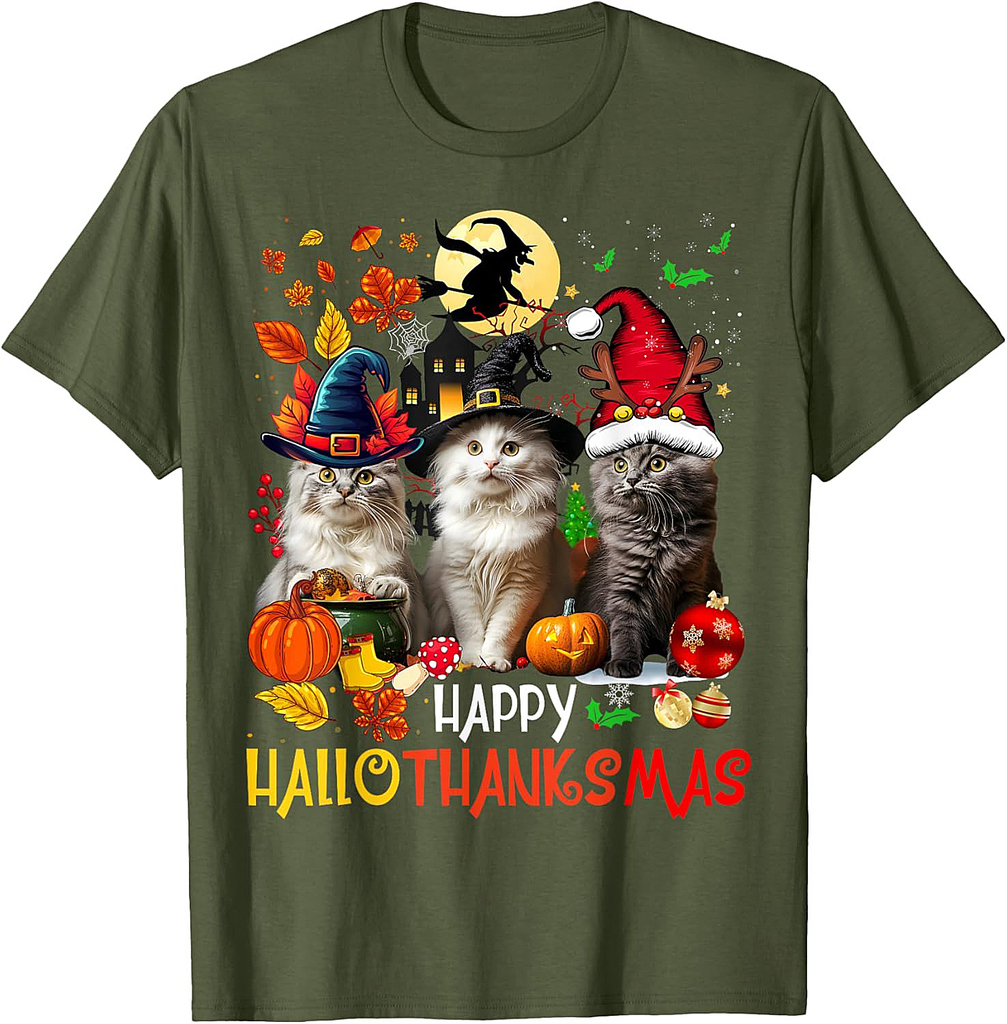 Halloween Thanksgiving Christmas Happy HalloThanksMas Cats T-Shirt