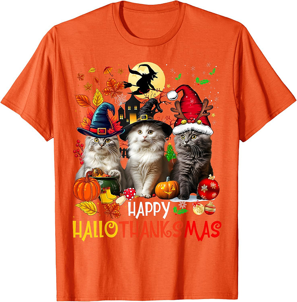 Halloween Thanksgiving Christmas Happy HalloThanksMas Cats T-Shirt