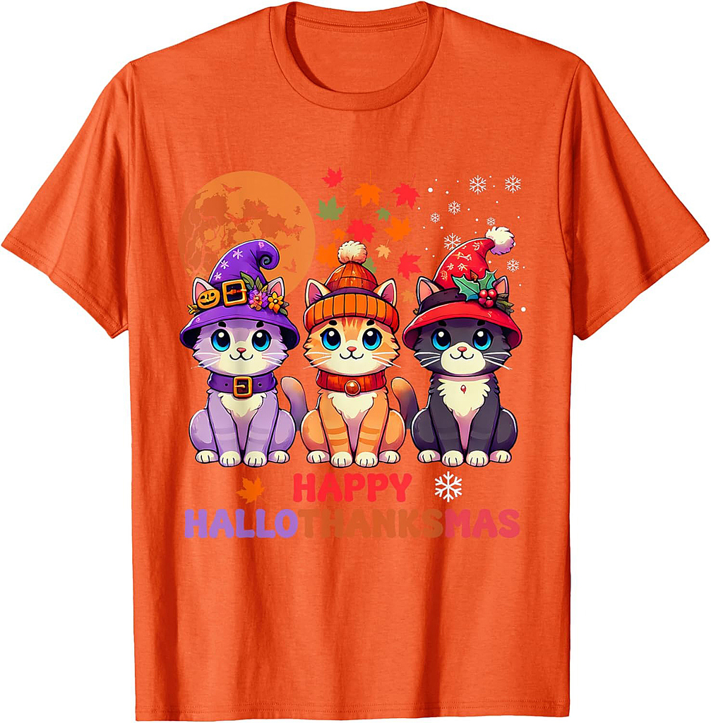 Halloween Thanksgiving Christmas Happy HalloThanksMas Cats T-Shirt