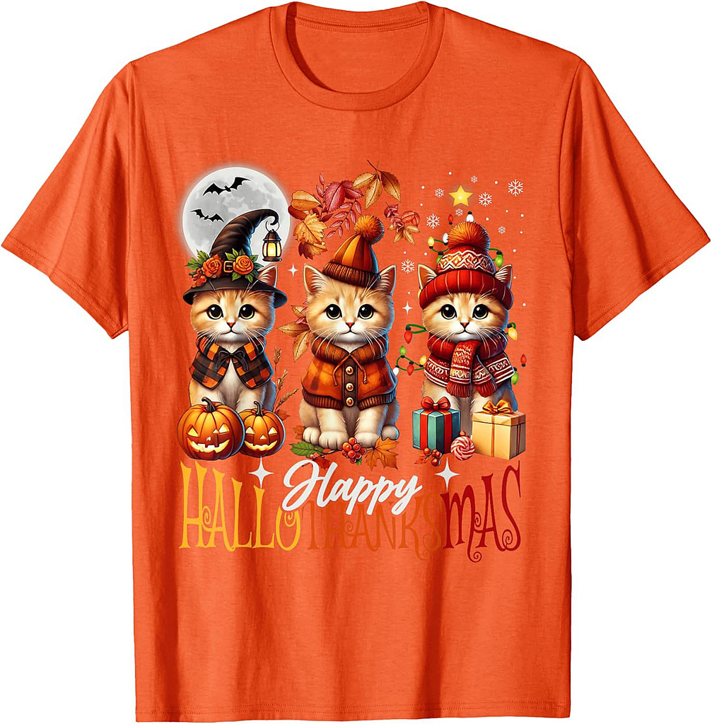 Halloween Thanksgiving Christmas Happy HalloThanksMas Cats T-Shirt