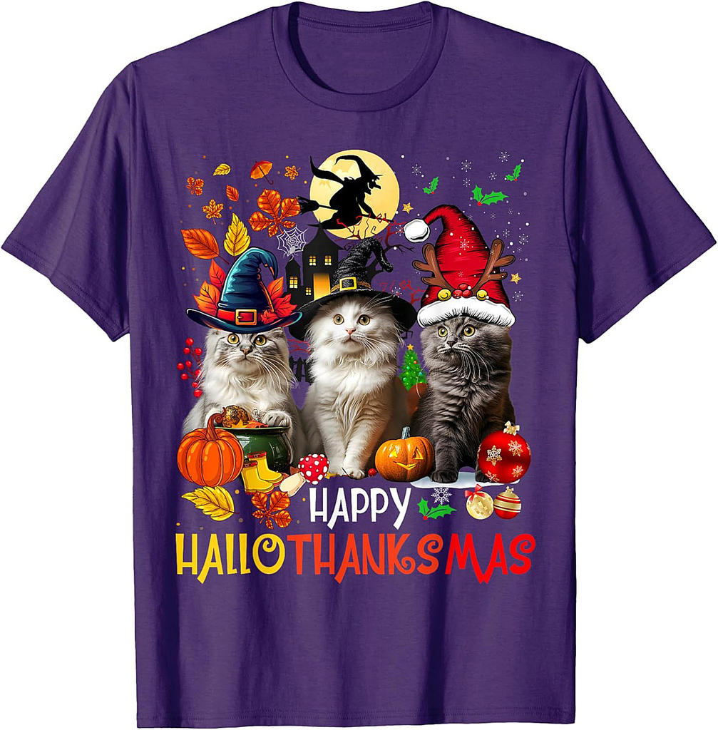 Halloween Thanksgiving Christmas Happy HalloThanksMas Cats T-Shirt