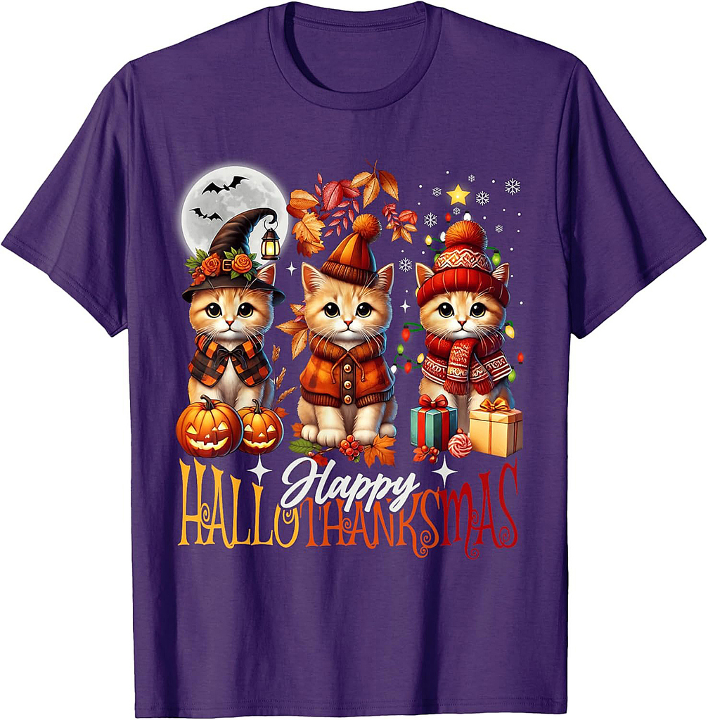 Halloween Thanksgiving Christmas Happy HalloThanksMas Cats T-Shirt
