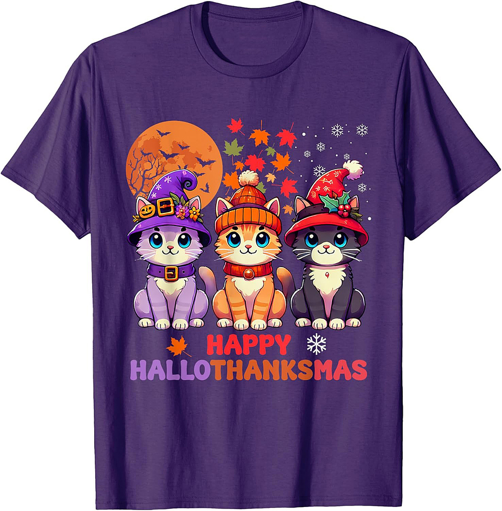 Halloween Thanksgiving Christmas Happy HalloThanksMas Cats T-Shirt
