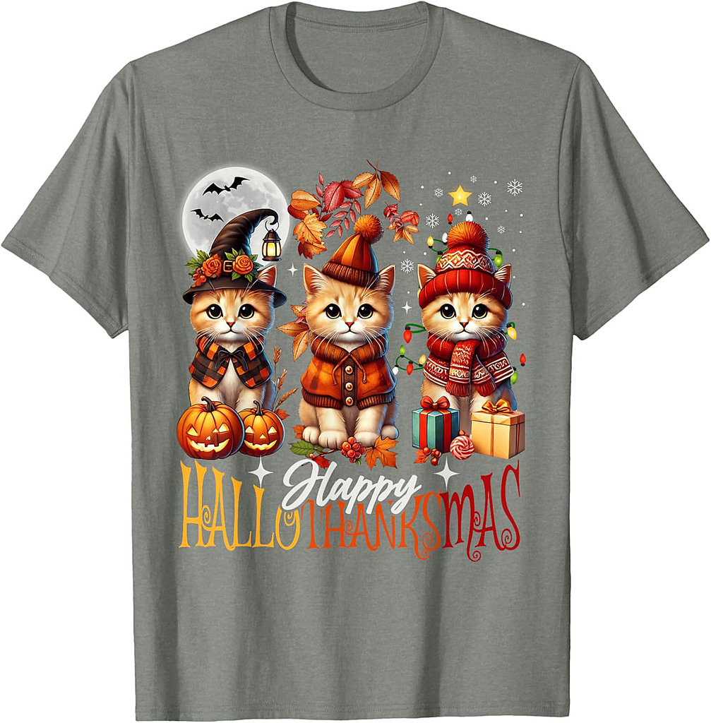 Halloween Thanksgiving Christmas Happy HalloThanksMas Cats T-Shirt