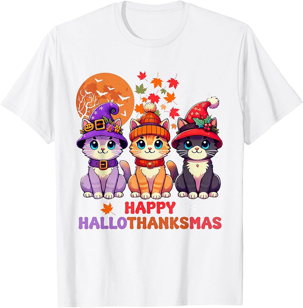 Halloween Thanksgiving Christmas Happy HalloThanksMas Cats T-Shirt