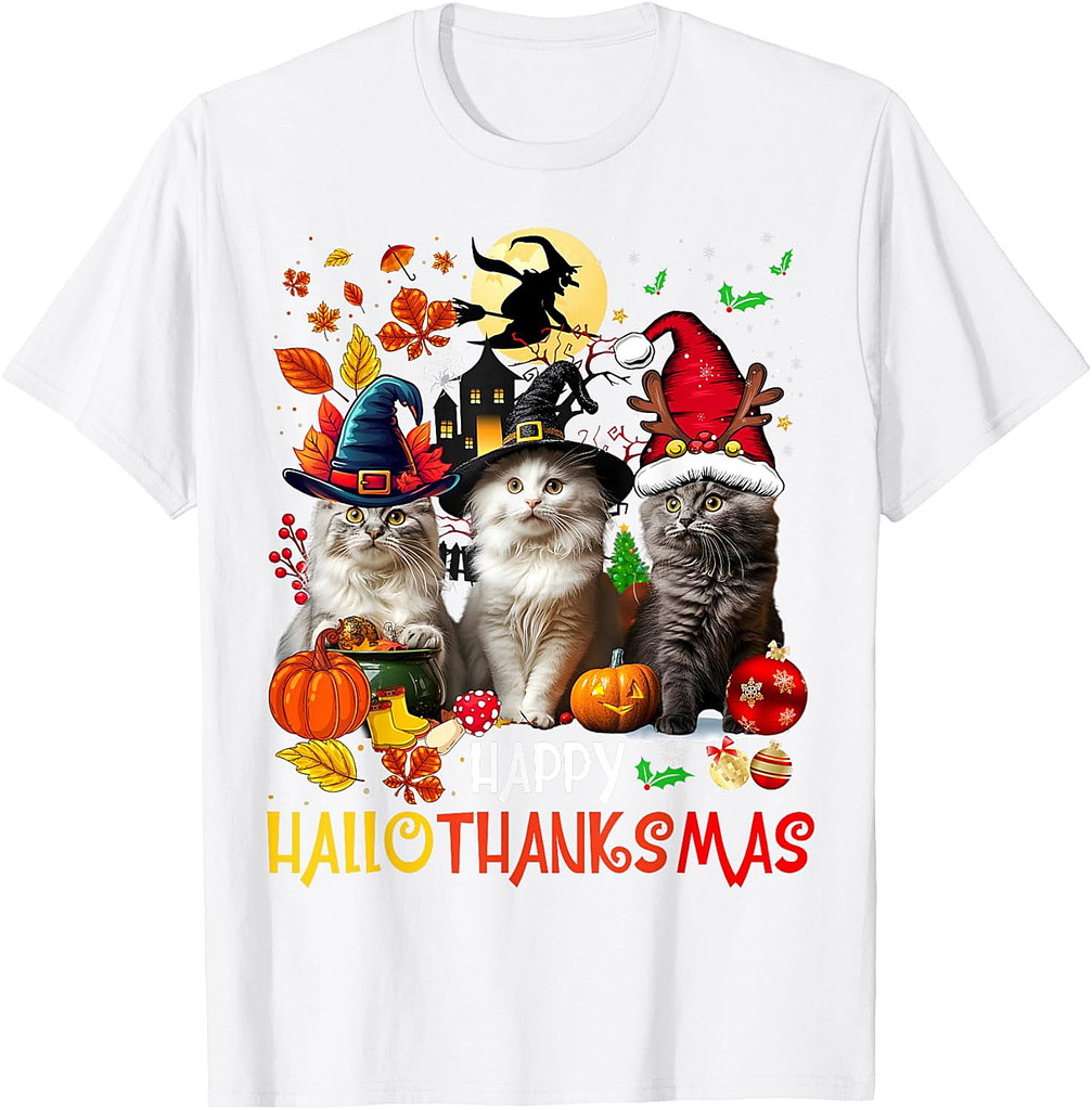 Halloween Thanksgiving Christmas Happy HalloThanksMas Cats T-Shirt
