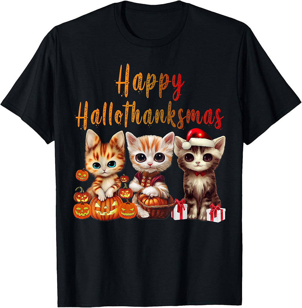 Halloween Thanksgiving Christmas Happy HalloThanksMas Kitty T-Shirt