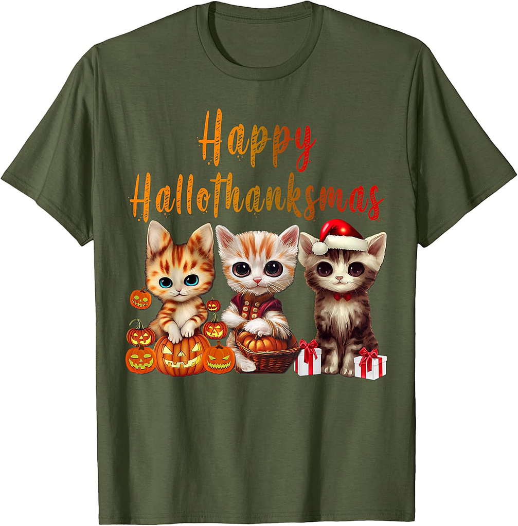 Halloween Thanksgiving Christmas Happy HalloThanksMas Kitty T-Shirt