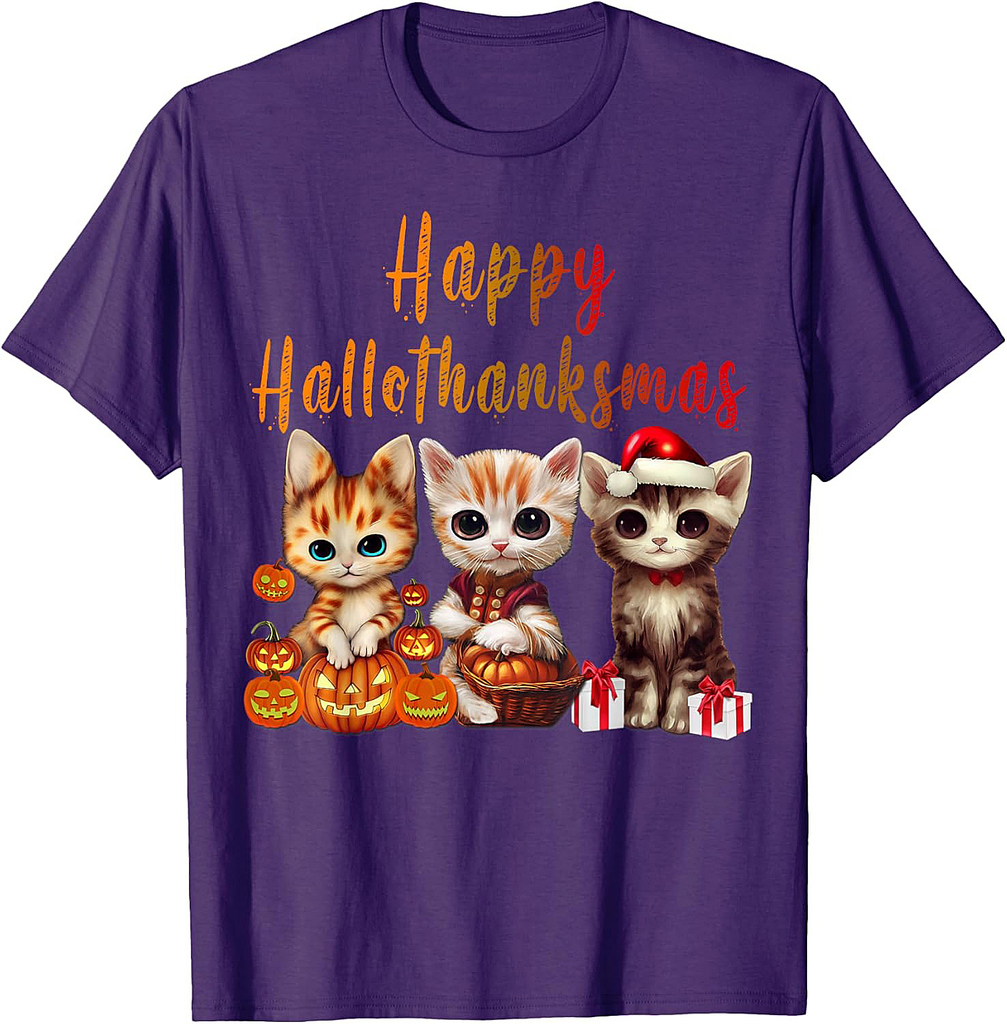 Halloween Thanksgiving Christmas Happy HalloThanksMas Kitty T-Shirt