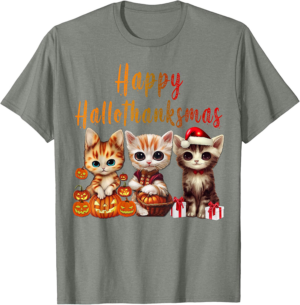 Halloween Thanksgiving Christmas Happy HalloThanksMas Kitty T-Shirt