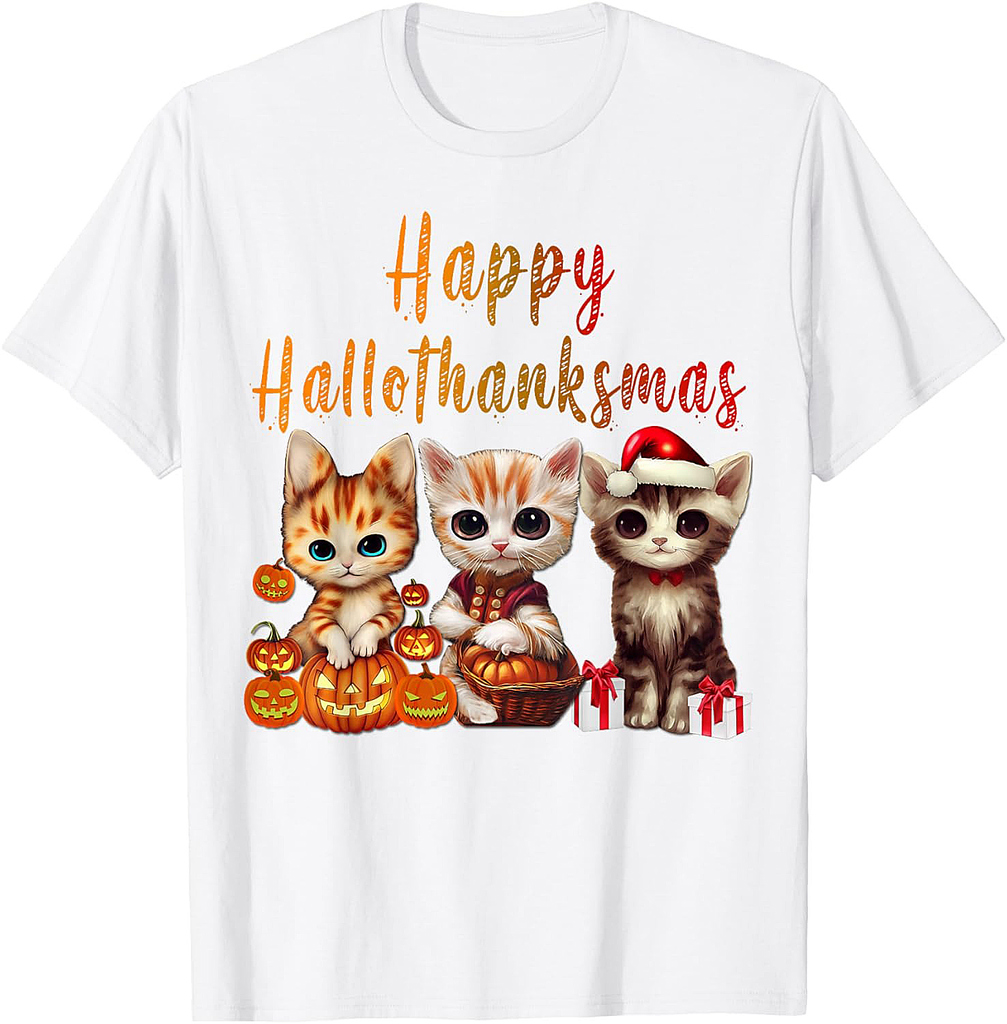 Halloween Thanksgiving Christmas Happy HalloThanksMas Kitty T-Shirt