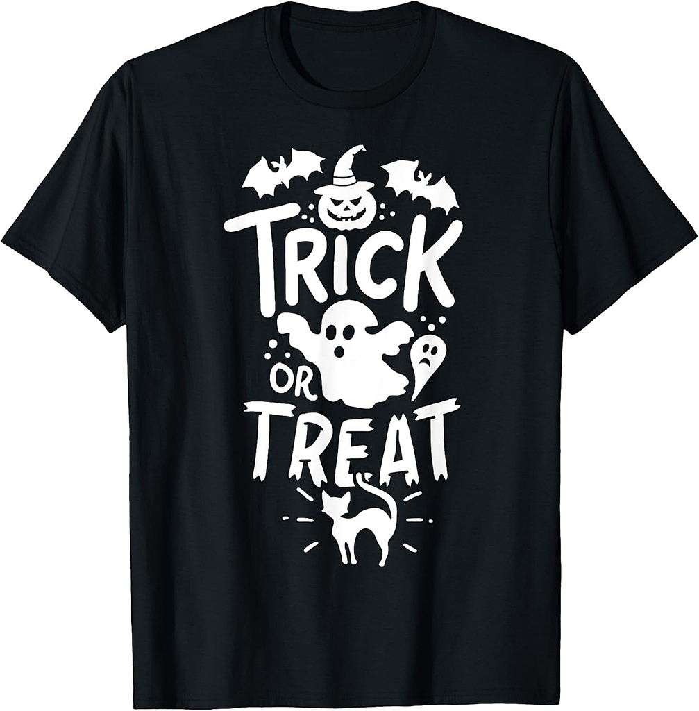 Halloween Trick Or Treat Tee Bat Ghost Pumpkin Cat T-Shirt for Men Women Kids