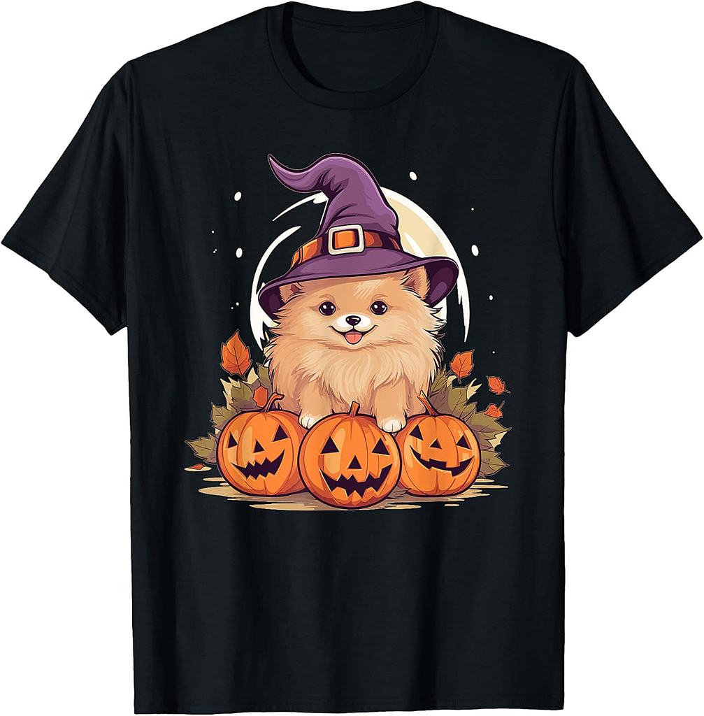 Halloween Witch Hat Pumpkin Dog Pomeranian T-Shirt