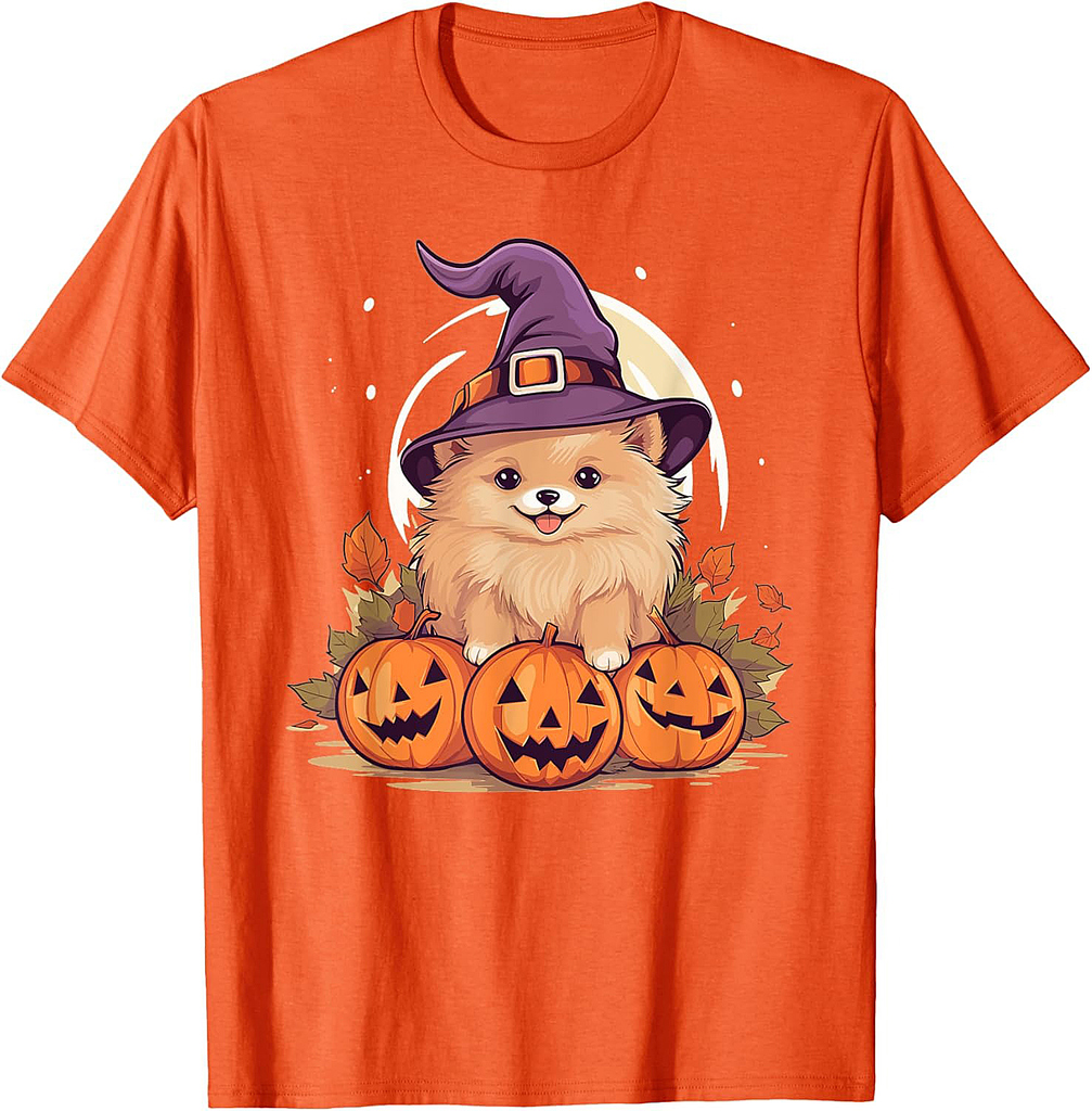 Halloween Witch Hat Pumpkin Dog Pomeranian T-Shirt