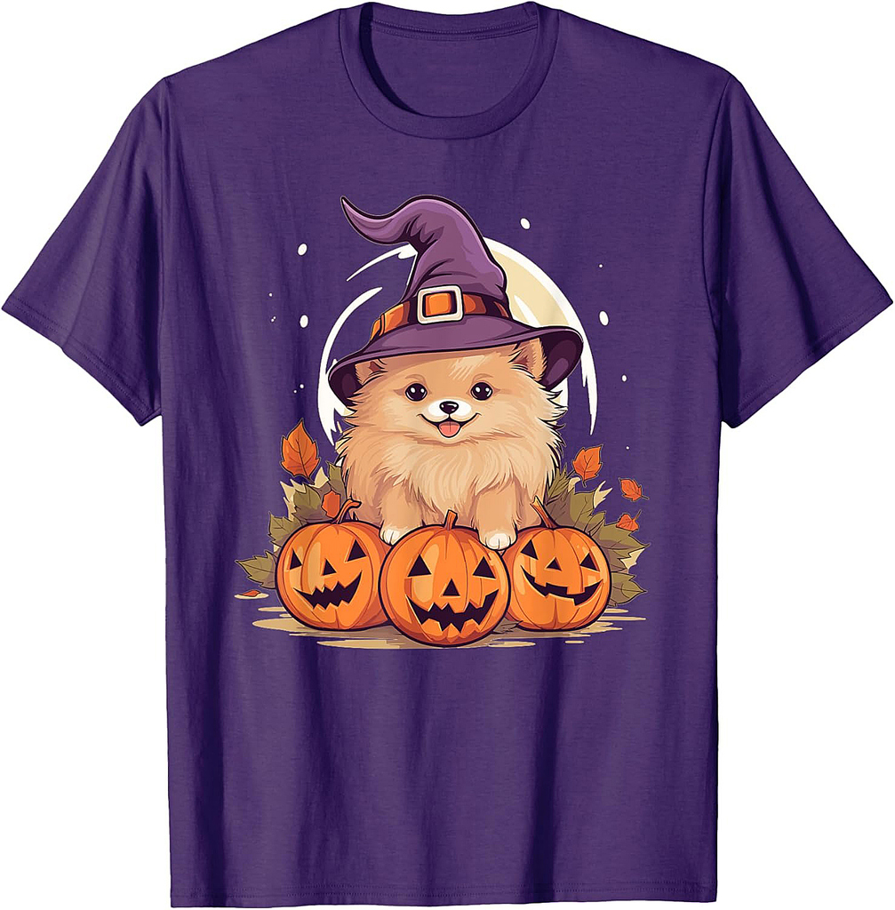 Halloween Witch Hat Pumpkin Dog Pomeranian T-Shirt