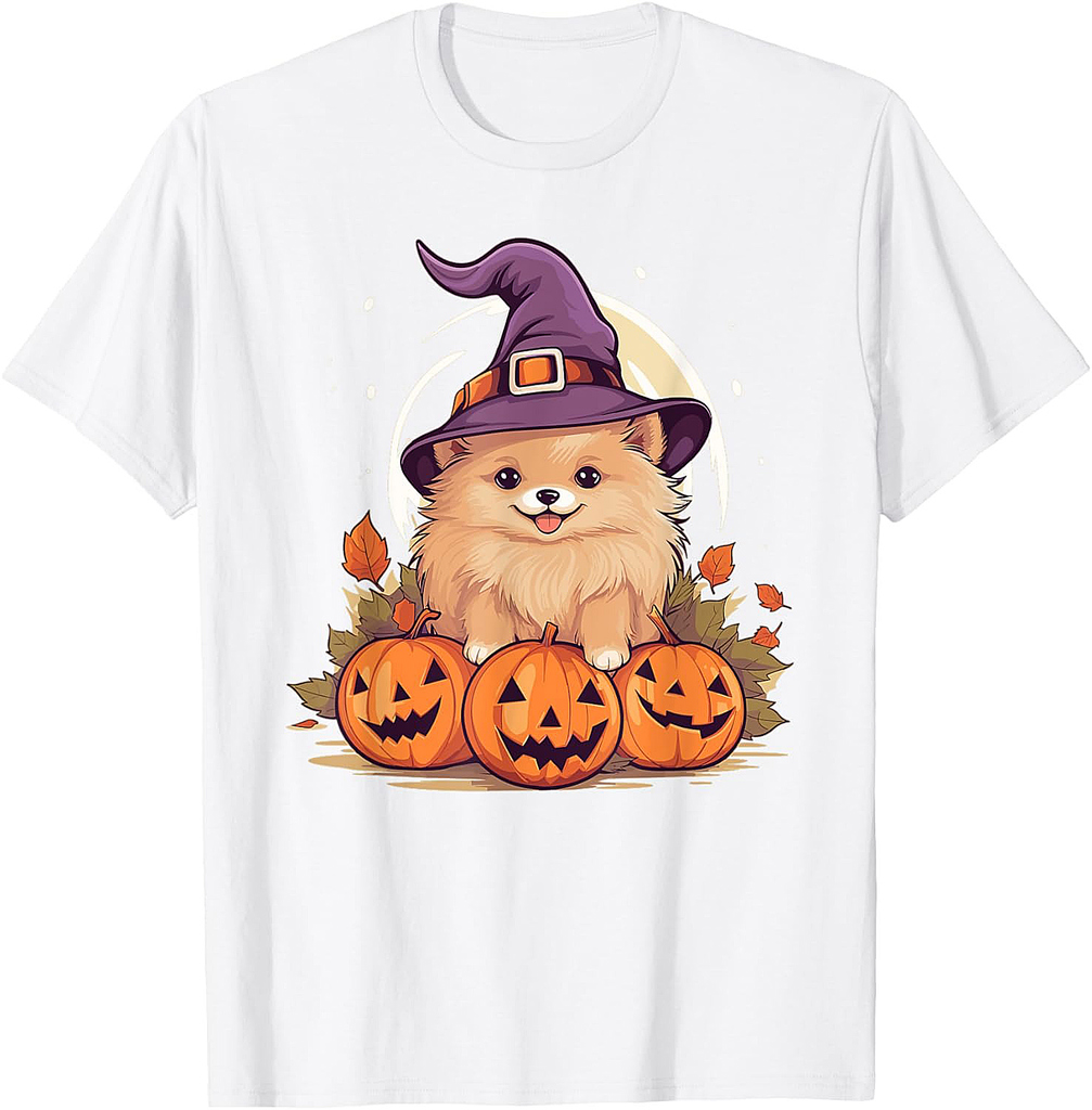 Halloween Witch Hat Pumpkin Dog Pomeranian T-Shirt