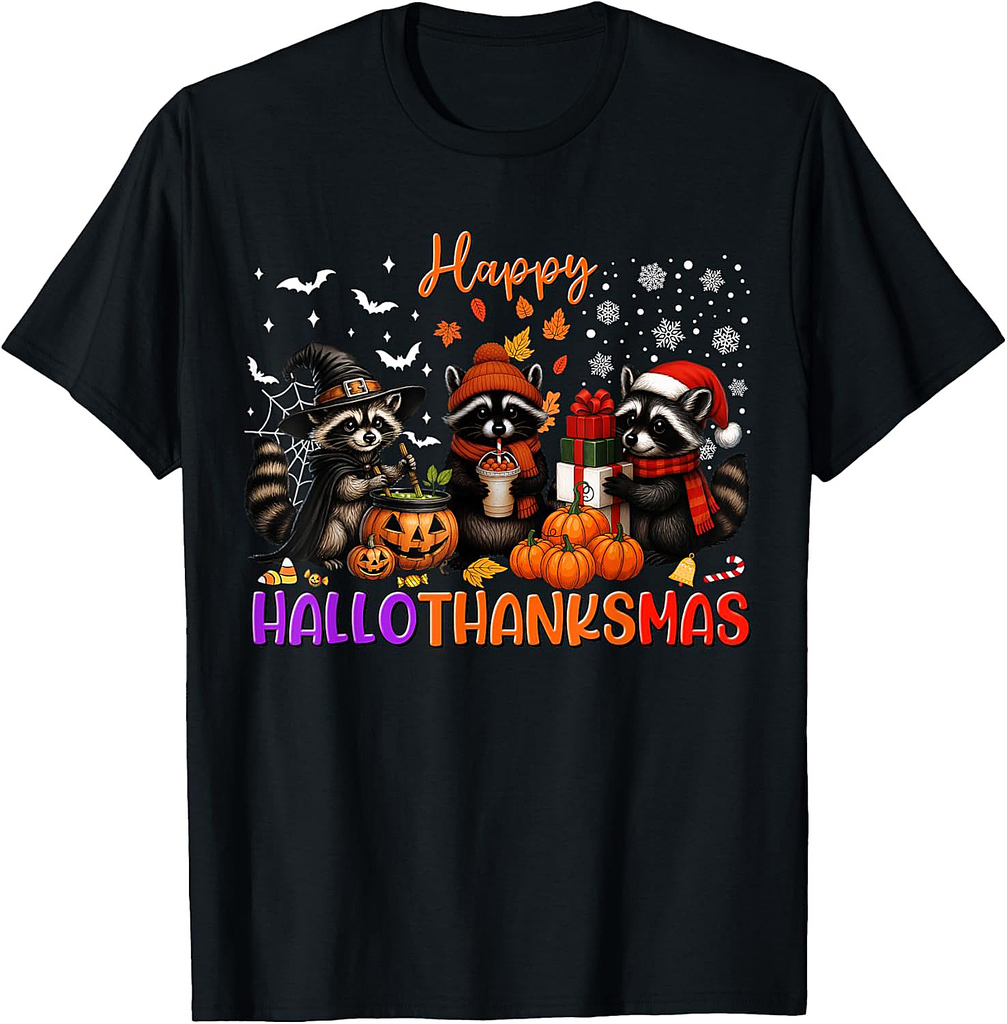 Happy HalloThanksMas Racoon Halloween Thanksgiving Christmas T-Shirt