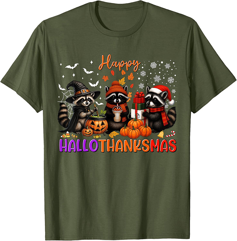 Happy HalloThanksMas Racoon Halloween Thanksgiving Christmas T-Shirt