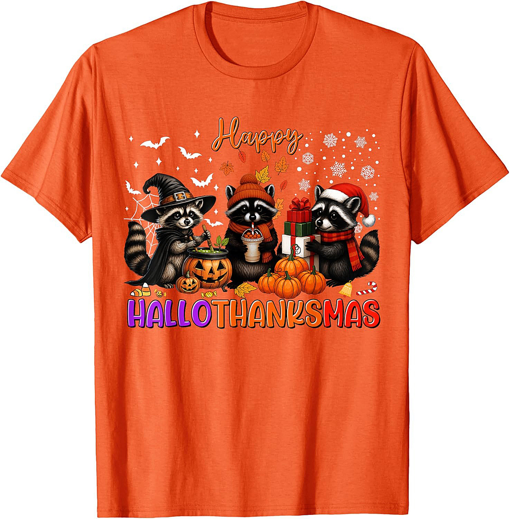 Happy HalloThanksMas Racoon Halloween Thanksgiving Christmas T-Shirt
