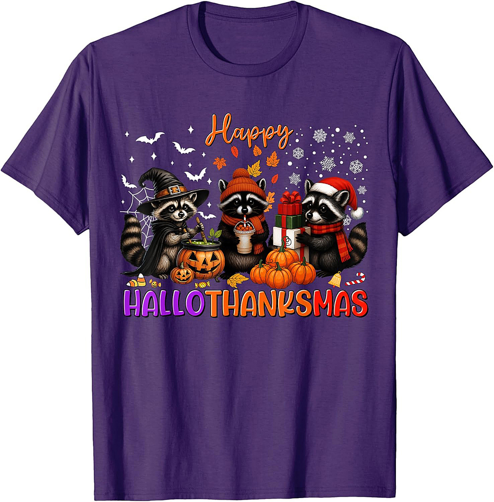 Happy HalloThanksMas Racoon Halloween Thanksgiving Christmas T-Shirt