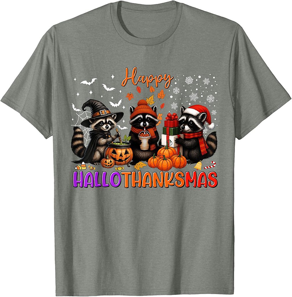 Happy HalloThanksMas Racoon Halloween Thanksgiving Christmas T-Shirt