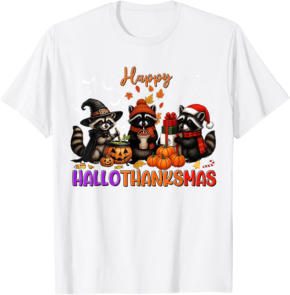 Happy HalloThanksMas Racoon Halloween Thanksgiving Christmas T-Shirt