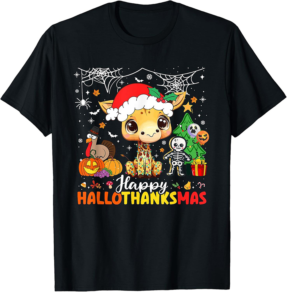 Happy Hallothanksmas Giraffe Halloween Thanksgiving Xmas T-Shirt