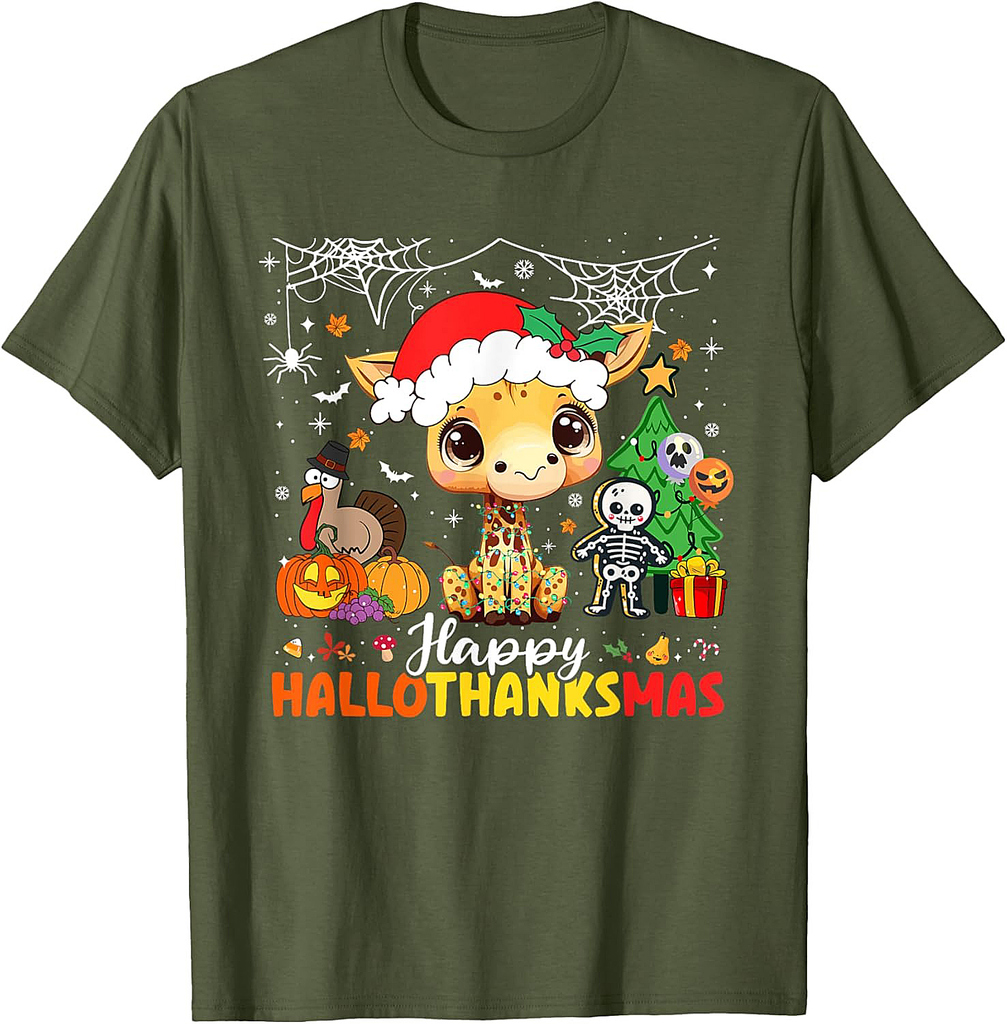 Happy Hallothanksmas Giraffe Halloween Thanksgiving Xmas T-Shirt