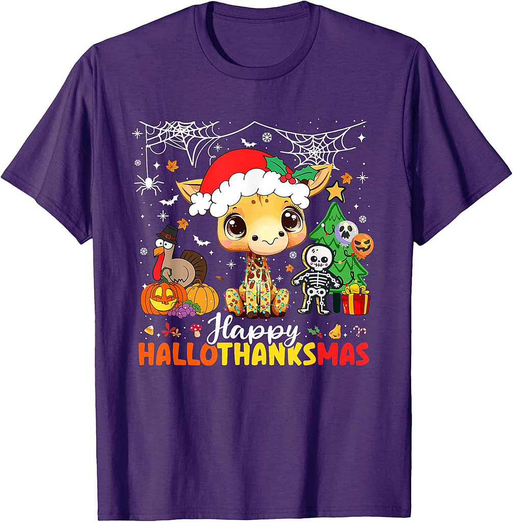 Happy Hallothanksmas Giraffe Halloween Thanksgiving Xmas T-Shirt