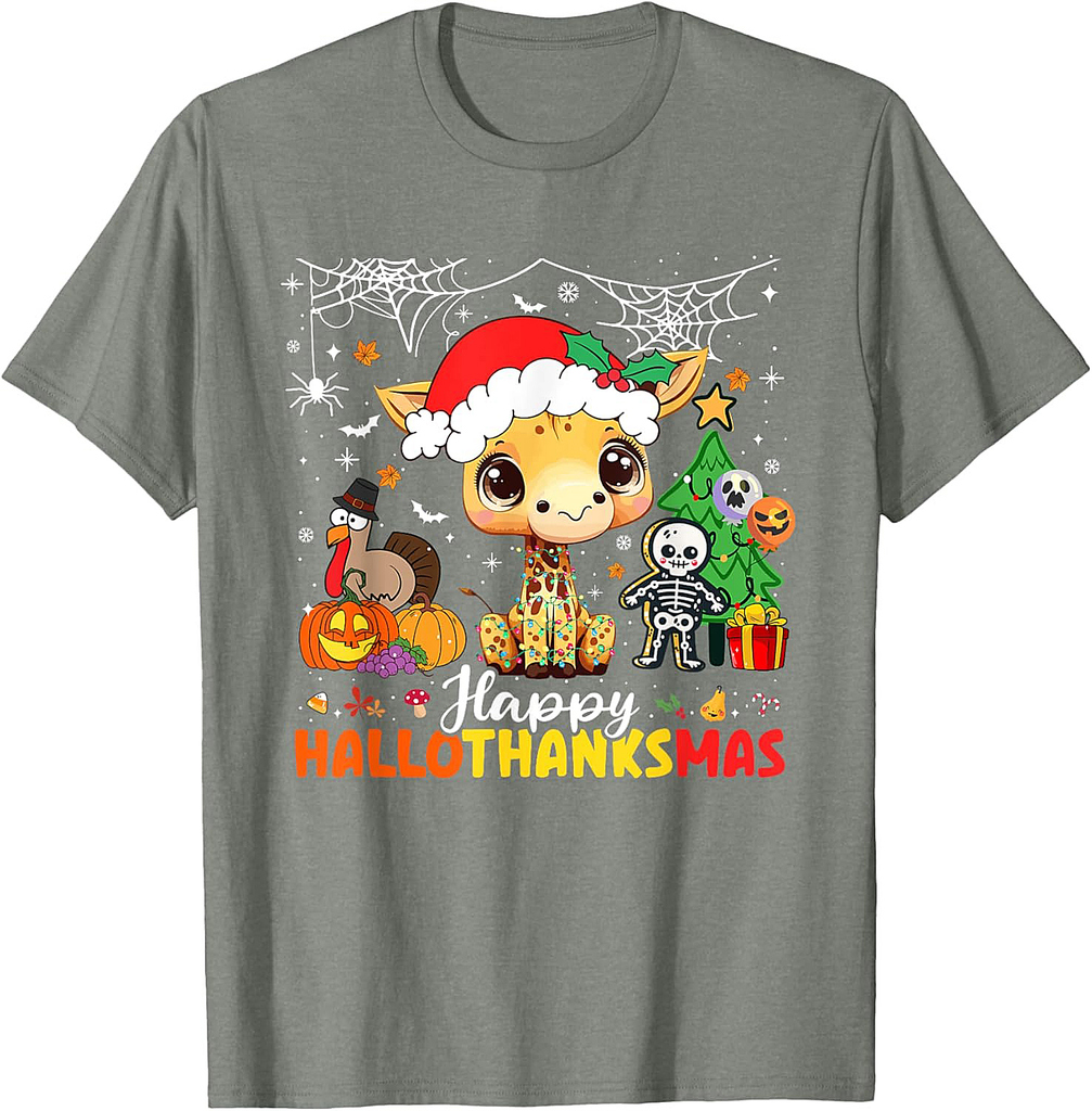 Happy Hallothanksmas Giraffe Halloween Thanksgiving Xmas T-Shirt