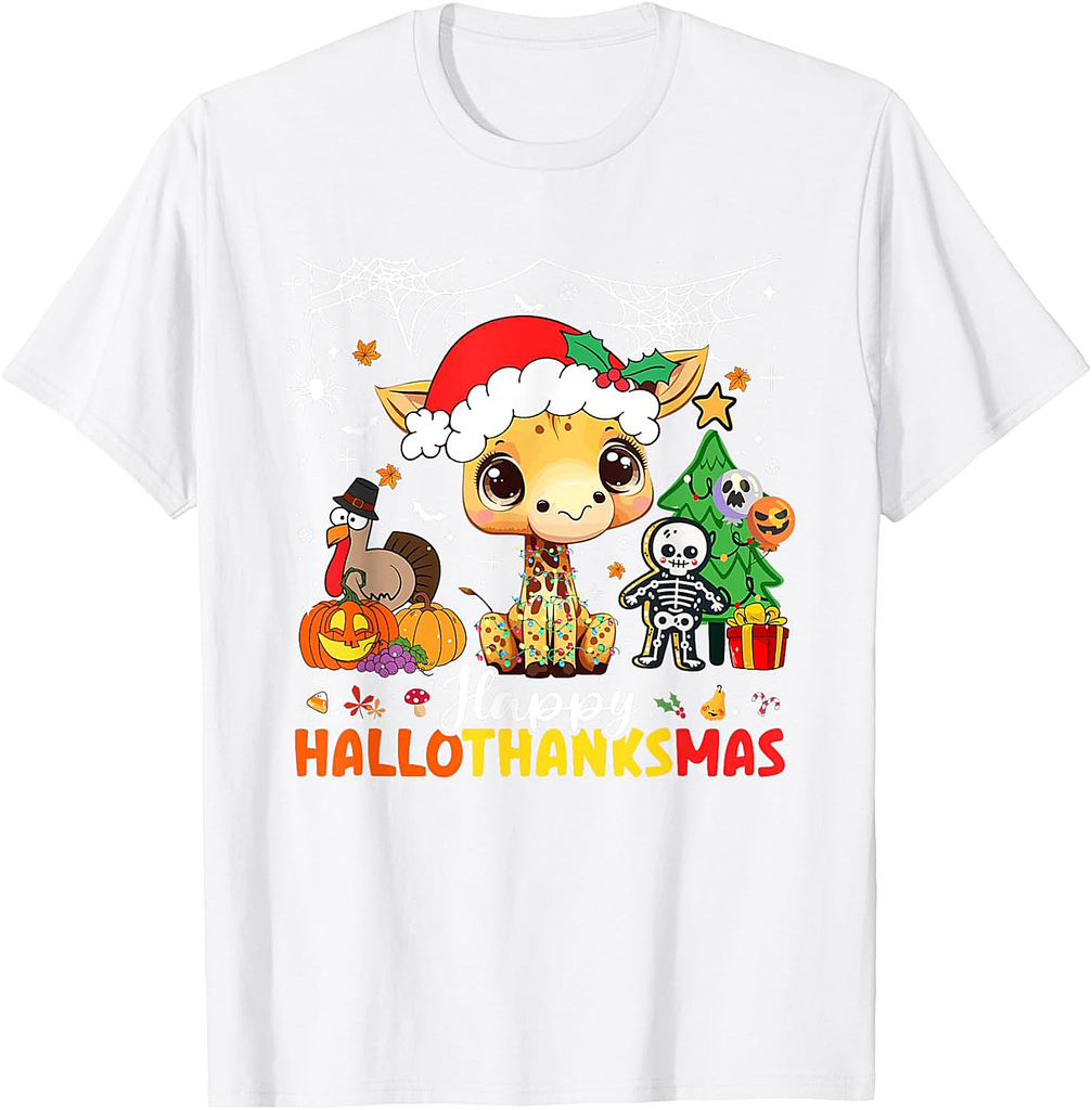 Happy Hallothanksmas Giraffe Halloween Thanksgiving Xmas T-Shirt
