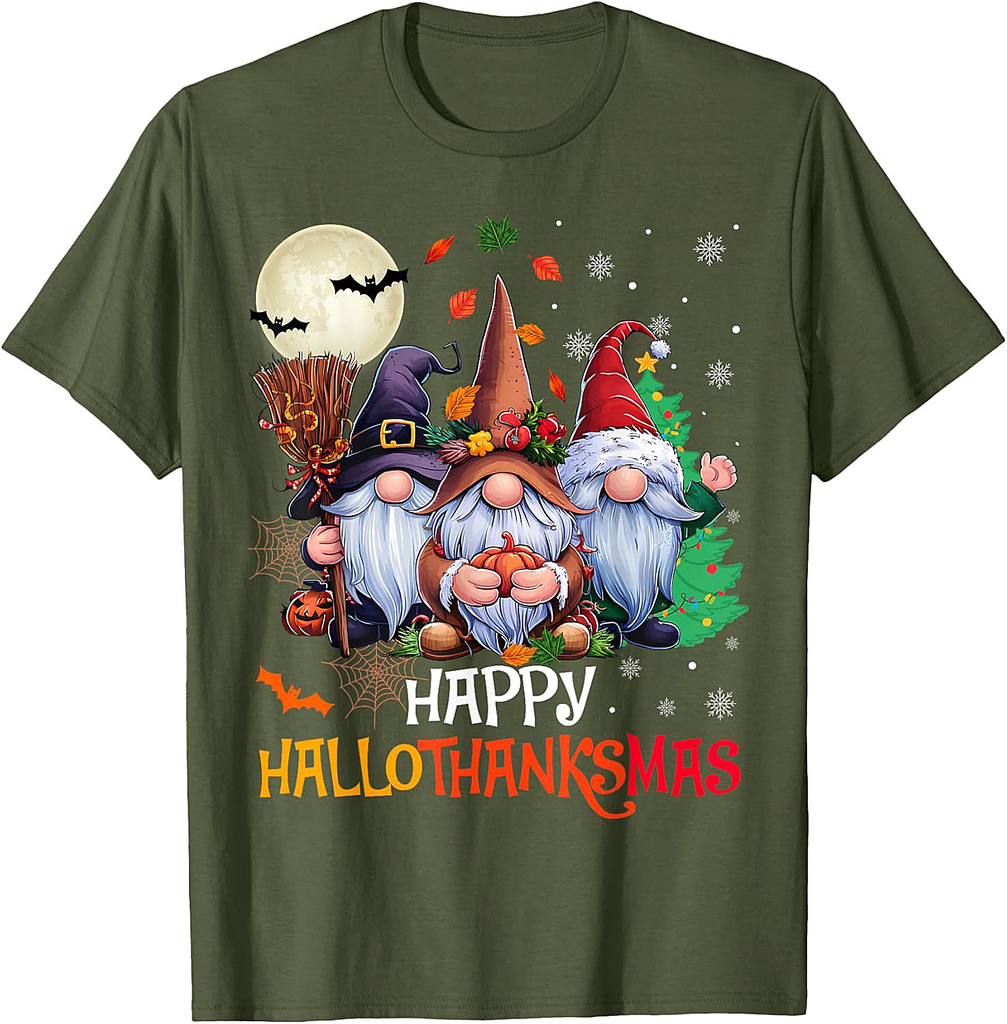 Happy Hallothanksmas Gnomes Lover Halloween Merry Christmas T-Shirt
