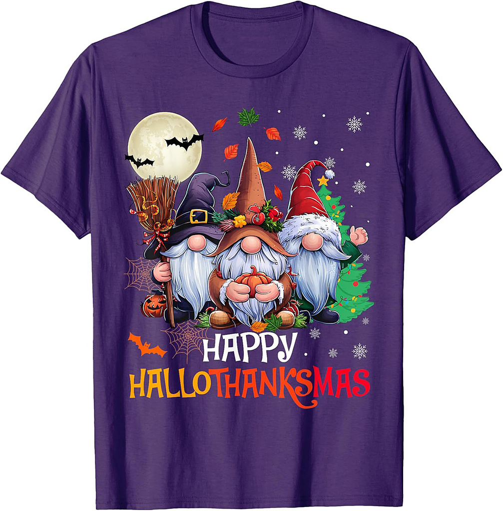 Happy Hallothanksmas Gnomes Lover Halloween Merry Christmas T-Shirt
