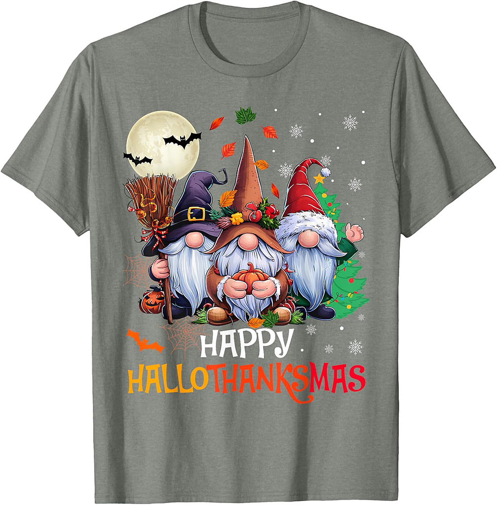 Happy Hallothanksmas Gnomes Lover Halloween Merry Christmas T-Shirt