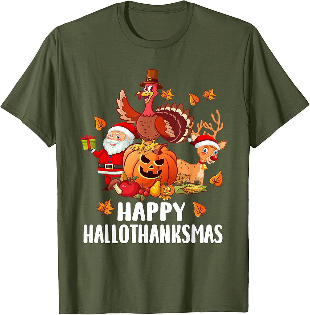 Happy Hallothanksmas Halloween Thanksgiving Christmas Day T-Shirt
