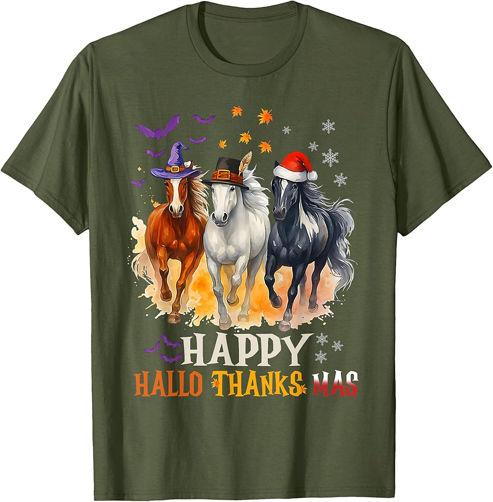 Happy Hallothanksmas Halloween Thanksgiving Christmas Horse T-Shirt