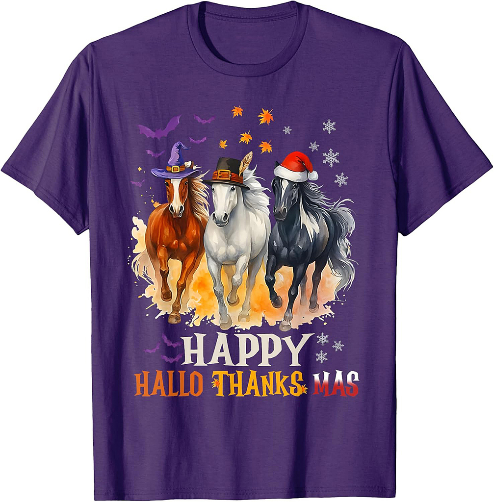 Happy Hallothanksmas Halloween Thanksgiving Christmas Horse T-Shirt